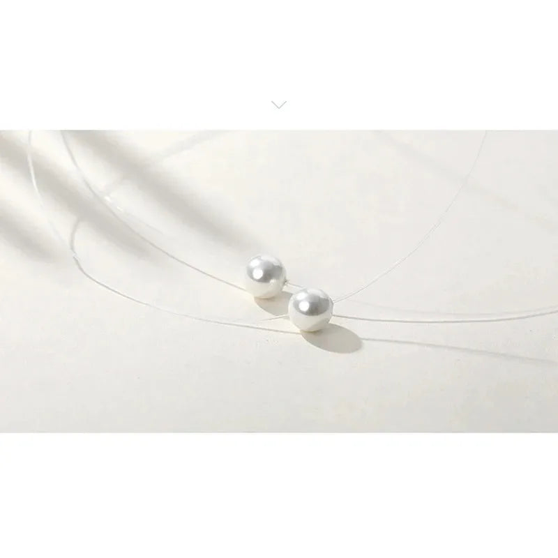Transparent Fishing Line Invisible Pearl Zircon Necklace Simple Round Bead Choker Pendant Delicate Ladies Short Necklace Fashion