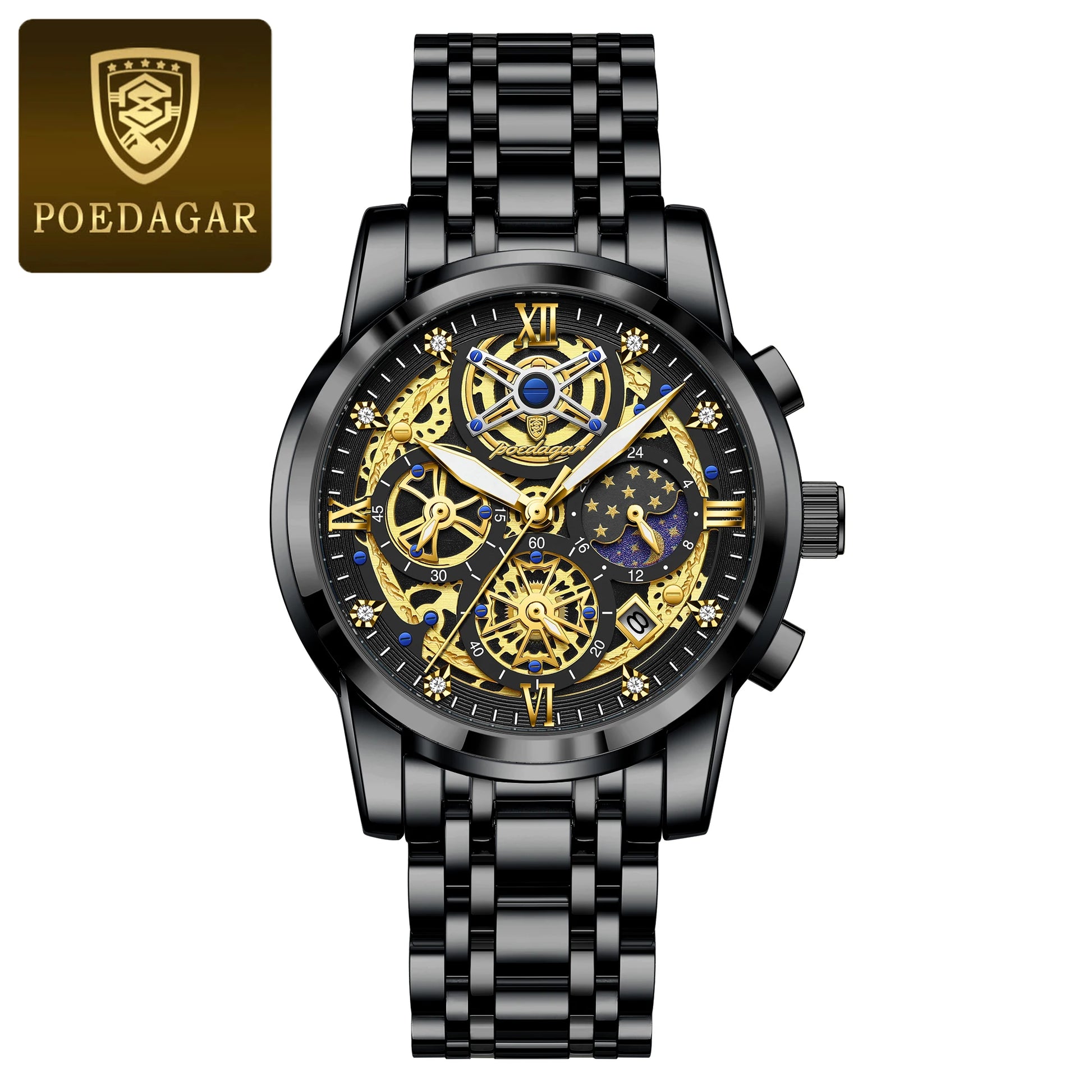 POEDAGAR Luxury Watch For Men Original Waterproof Luminous Date Man Clock Chronograph Stainless Steel Quartz Men's Watches Reloj