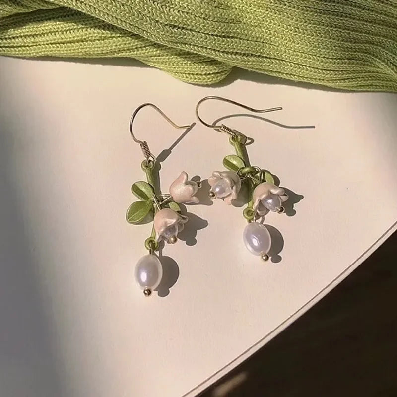 White Lily Of The Valley Bracelet Earrings Necklace Set Super Fairy Stud Earrings Girls Clavicle Chain Flower Jewelry Gifts
