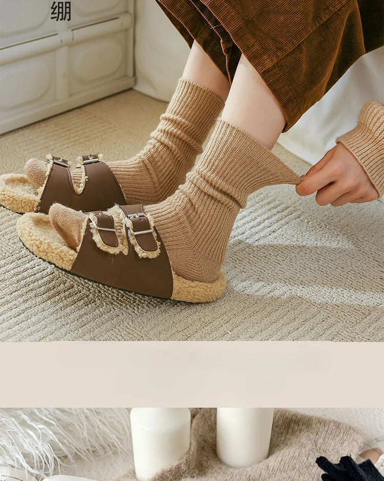 Winter Cashmere Wool Woman Socks Solid Cream Color Harajuku Retro Long Socks Women Girls Thermal Crew Sock Calcetines Mujer New