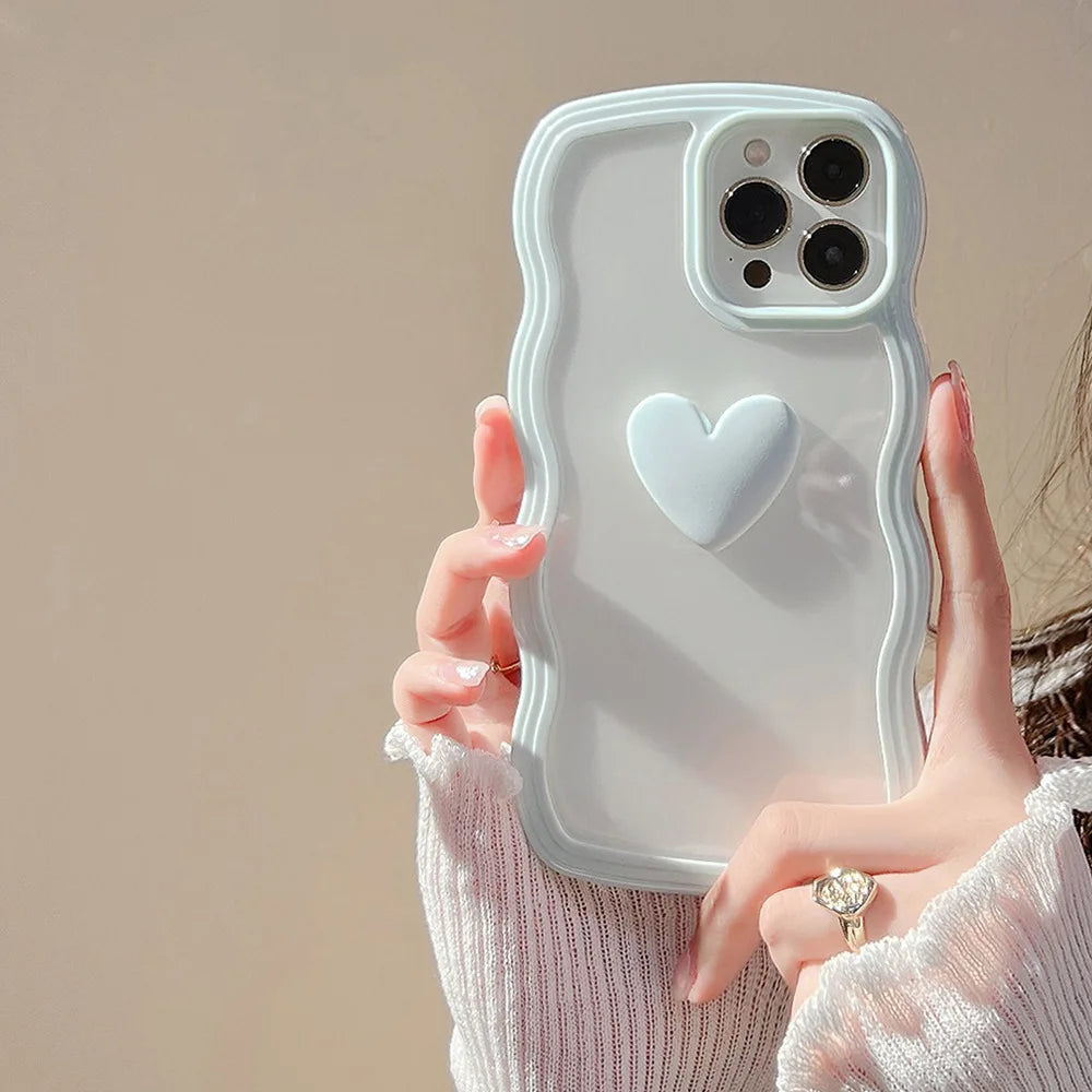 Wave Frame Cover For iPhone 15 11 14 12 13 Pro Max X XR XS Max 7 8 14 15 Plus SE 2020 2022 3D Love Heart Transparent Case Ccover