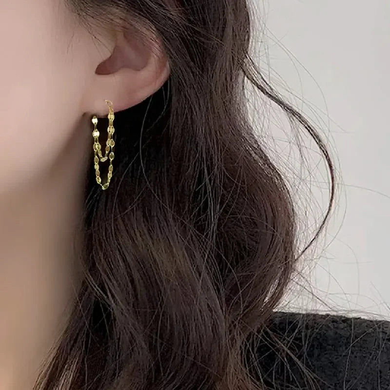 925 Sterling Silver Double Layered Tassel Earrings Long Sparkling Chain Earrings Summer Exquisite and Fashionable Party Jewelry