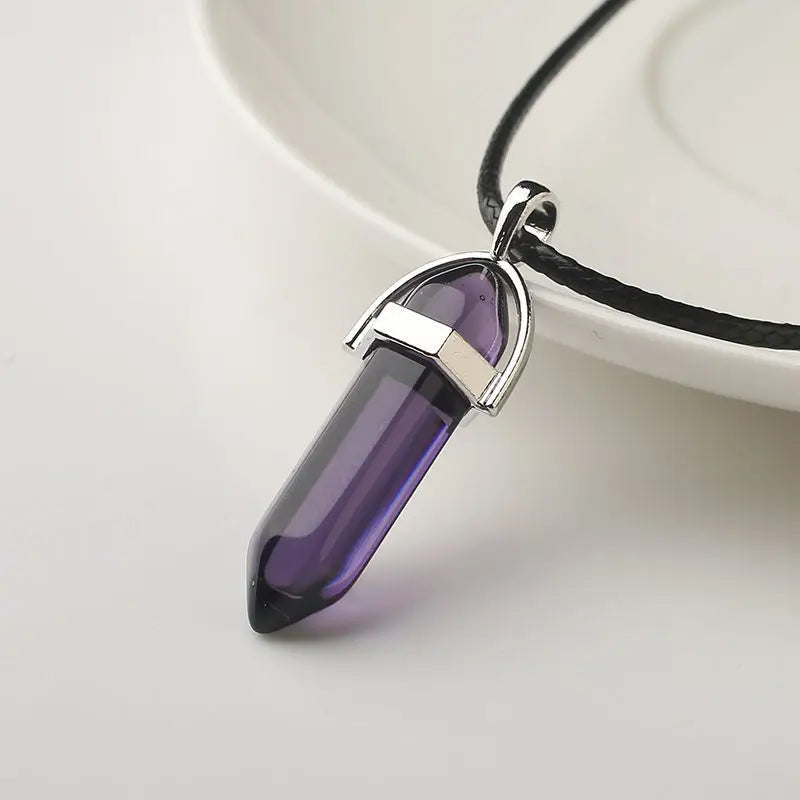 Natural Stone Pendant Necklace Ladies Girls Gift PU Leather Hexagonal Pillar Pointed Jewelry