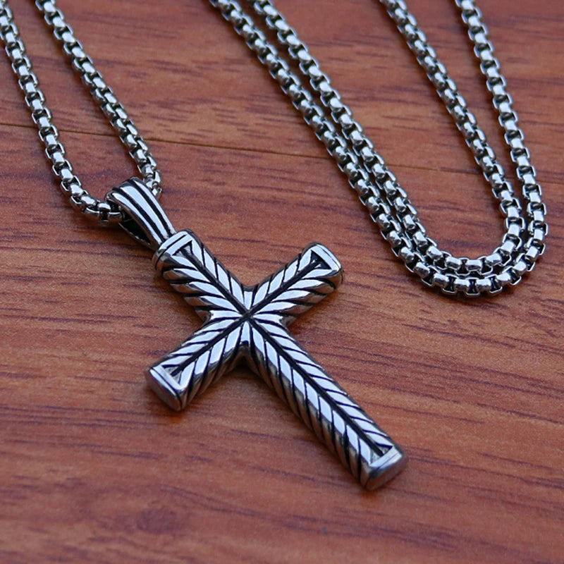 Twisted Pattern Cross Pendant Necklace Retro Simple Stainless Steel Chain Silver Color Hip Hop Jewelry Gifts For Women Men