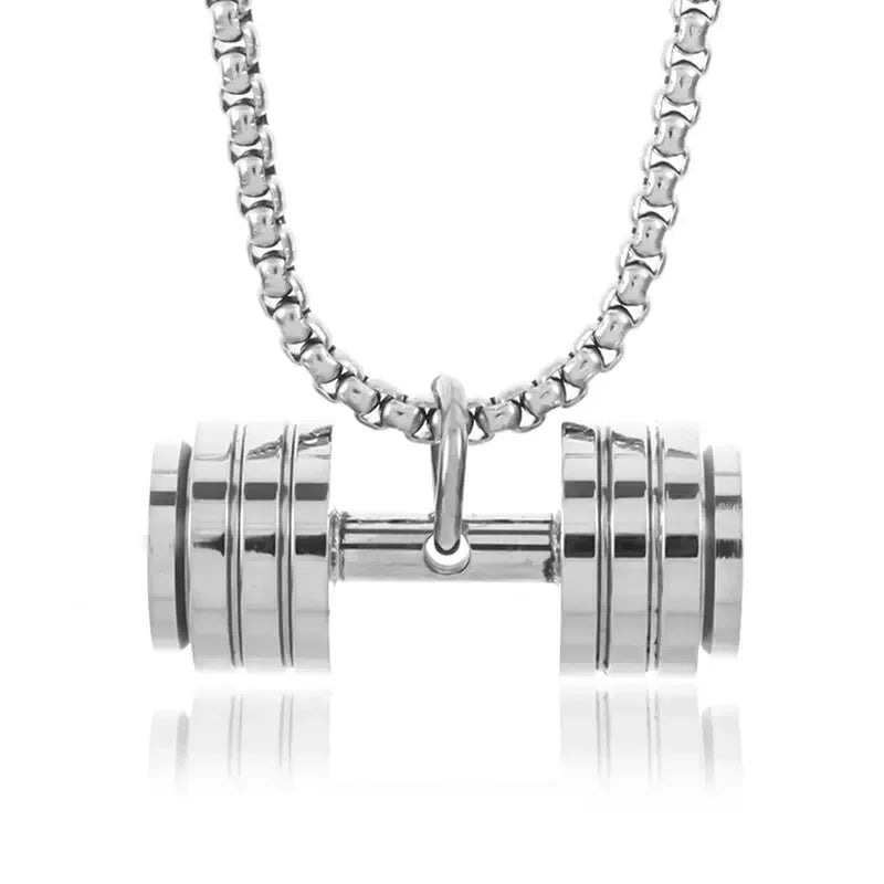 Cool Titanium Steel Dumbbell Pendant Necklace Barbell Fitness Pendant Men and Women Leisure Sports Punk Jewelry