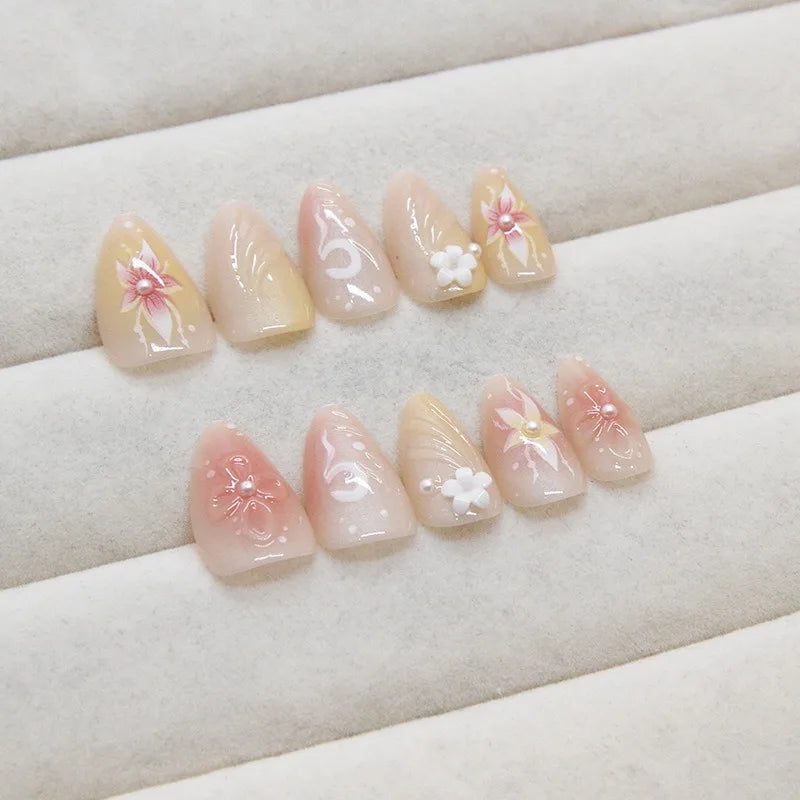 24Pcs 3D Flower Almond Nail Set Press on Nails with 3D Wave Drill False Nails French Tip Full Cover Artificial Nails Art Tips