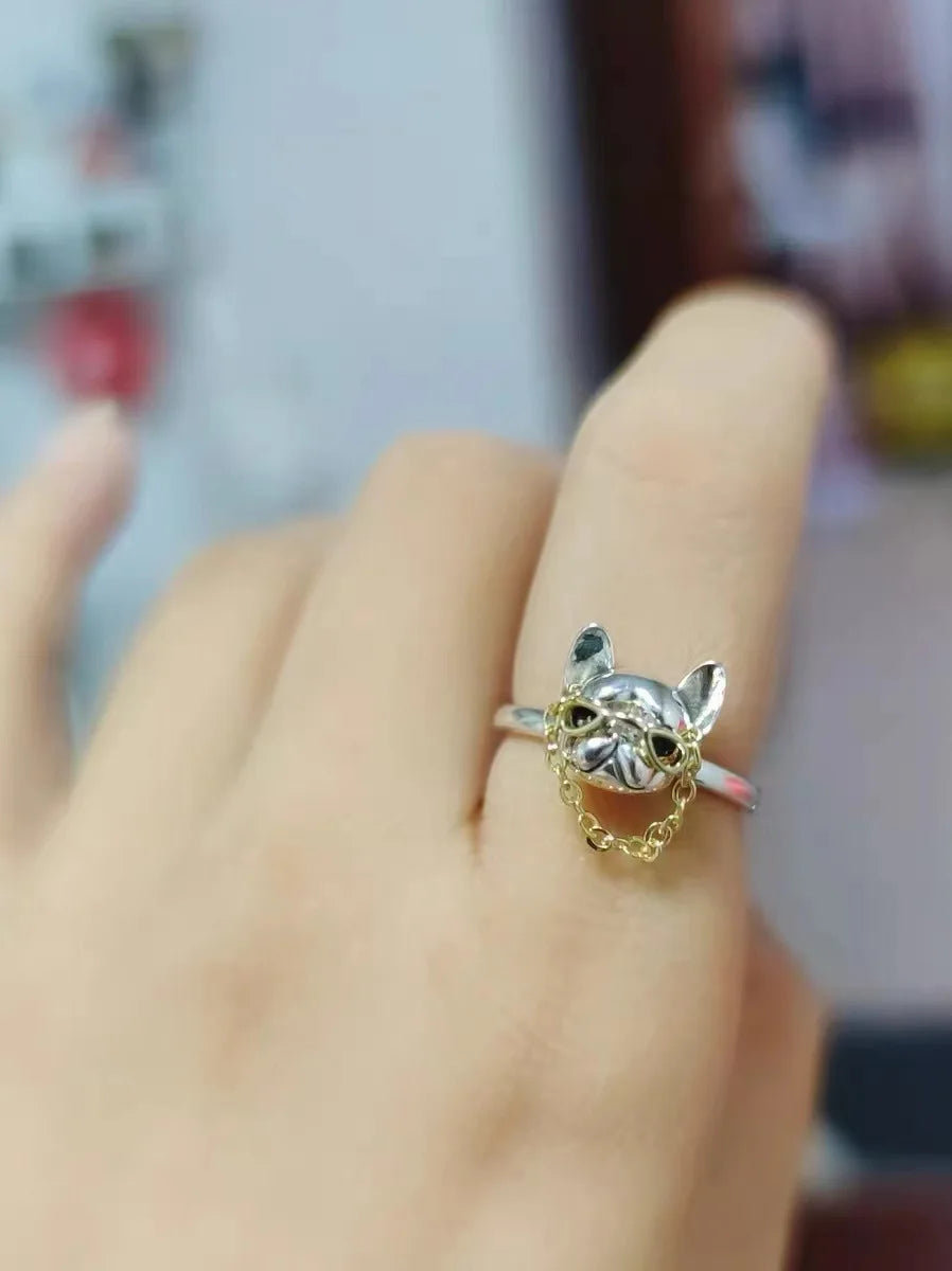 Cute Dog with Sunglasses Ring Punk French Bulldog Wearing Chain Glasses Open Finger Ring Jewelry Cool Decoration for Men Women