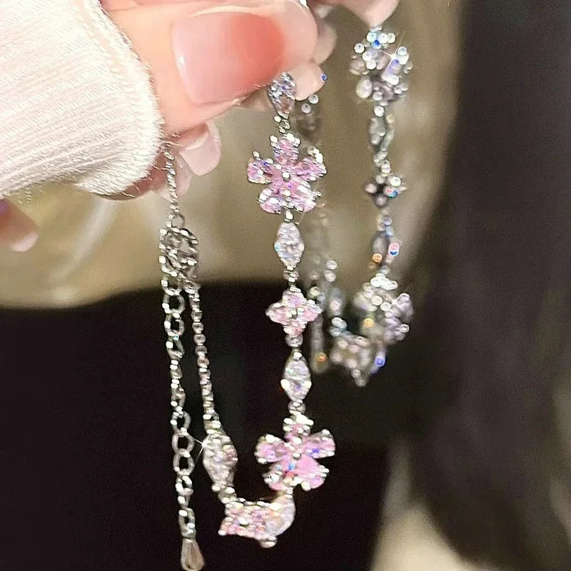 Elegant Fairy Pink Crystal Zircon Sakura Flowers Bracelet for Women Y2K Sweet Girls Cherry Blossom Moon Bow Knot Jewelry Gifts