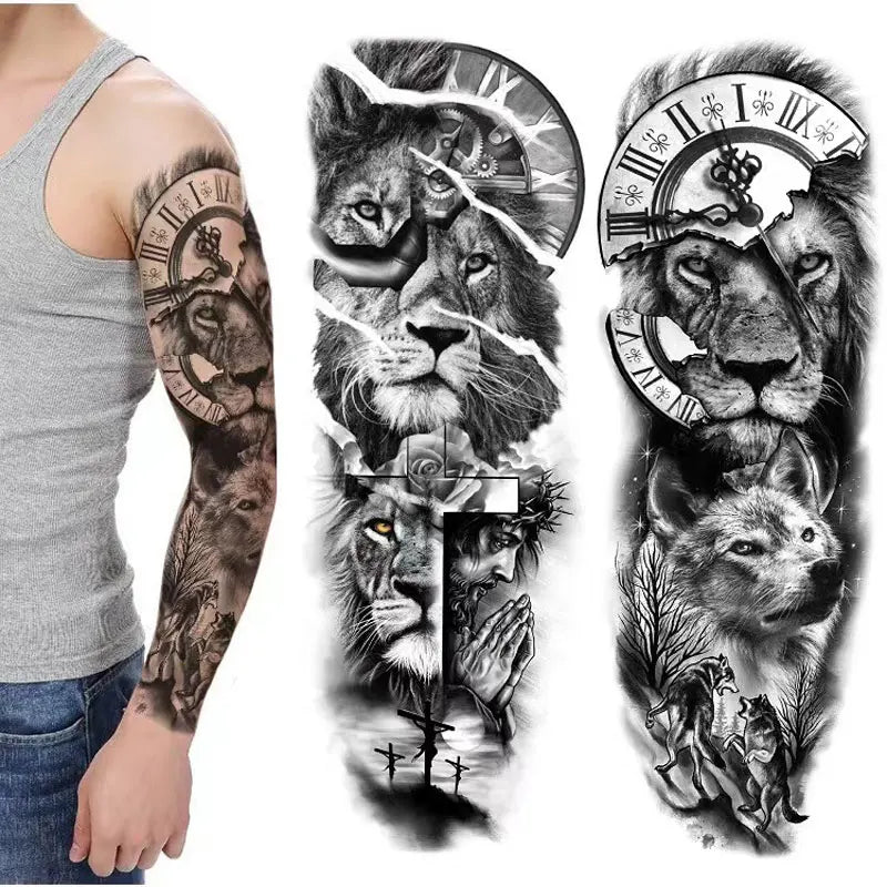 Waterproof Temporary Tattoo Sticker Large Size Tattoo for Men Sleeve Clock Fake Tattoo for Women Girl Full Arm Tattoo Fake