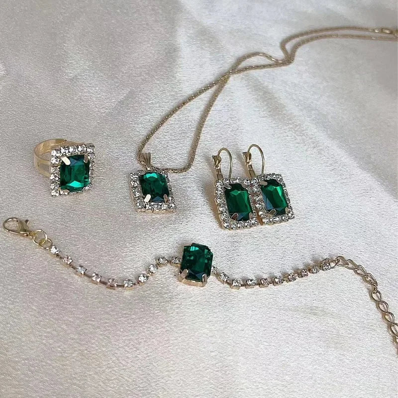 5PCS Zircon Jewelry Set Geometric Square Zircon Necklace Bracelet Ring for Women's Clavicular Chain Fashion  Jewelry Set
