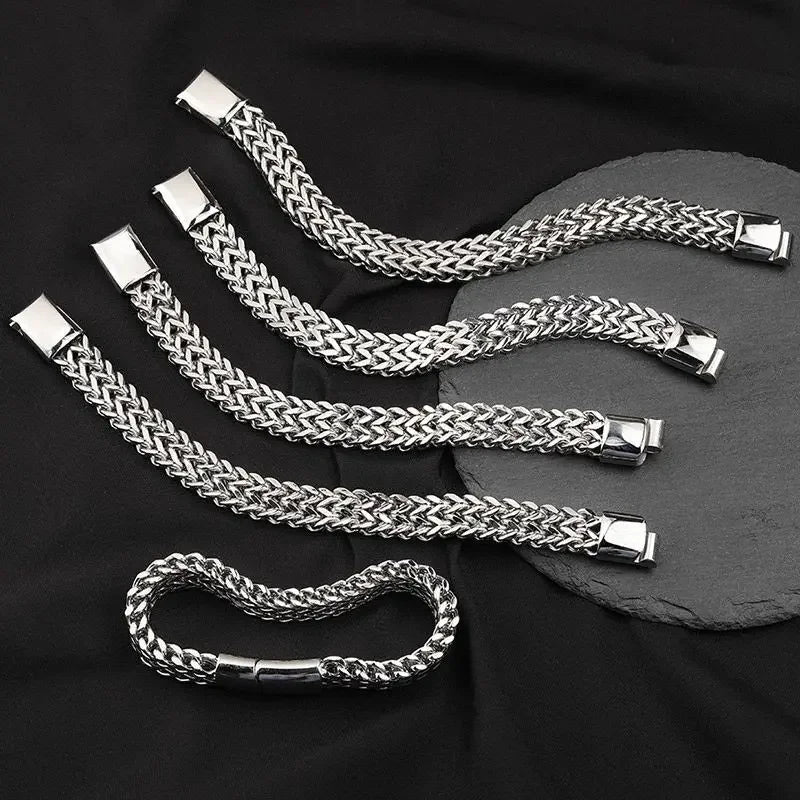 Stainless Steel Braided Double Row Metal Bracelet Suitable for Men and Girls Personalized Hip Hop Rock Party Punk Jewelry