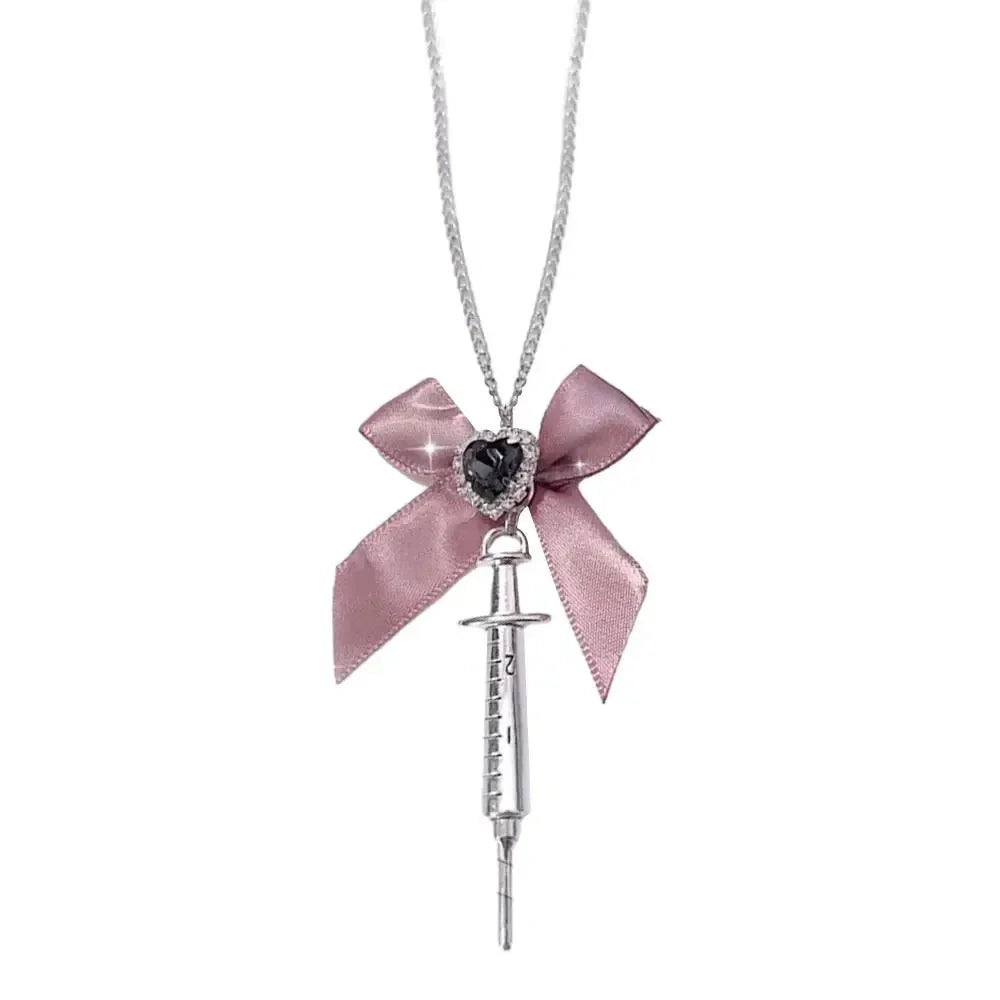 Rhinestone Love Heart Bowknot Metal Syringe Pendant Necklace for Women Dark Lolita Cool Trend Jewelry Gothic Fashion Accessories