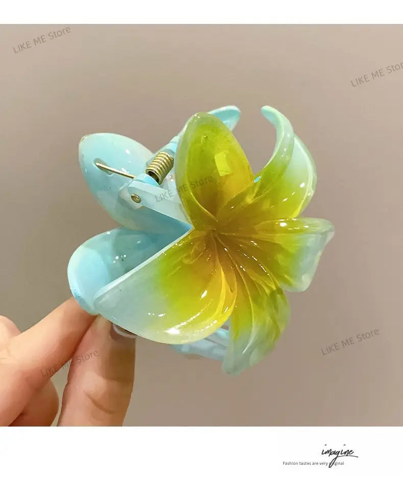 Hawaiian Flower Crab Hair Clips for Women Plumeria Barrettes Large Hair Claw for Thin/Thick Beach Hair Accessories for Girls 8cm