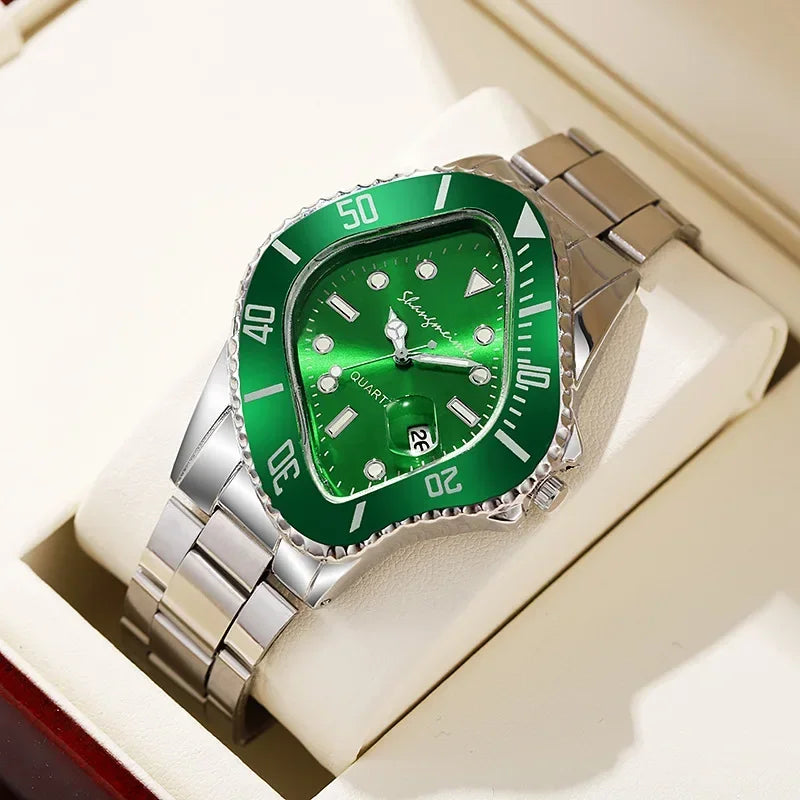 Irregular Watch for Men Unusual Conceptual Reloj Crash Melting Twist Case Quartz Wristwatch Male Man Green Black Clock Masculino