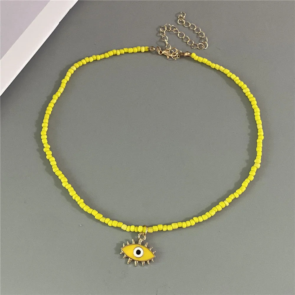 Lucky Handmade Necklace Popular Turkeky Eye Pendant Choker Colorful Rice Beadds Neck Jewelry