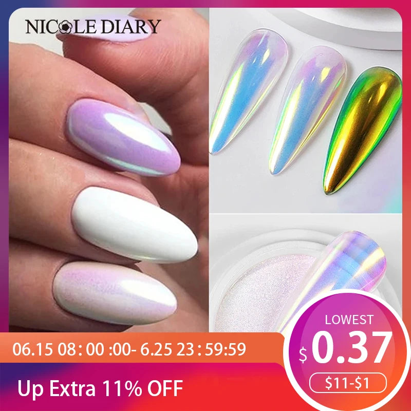 NICOLE DIARY Aurora Nail Powder White Chrome Pigment Pearl Rubbing Dust Mirror Effect Nail Art Glitter Manicure Nail Accessories