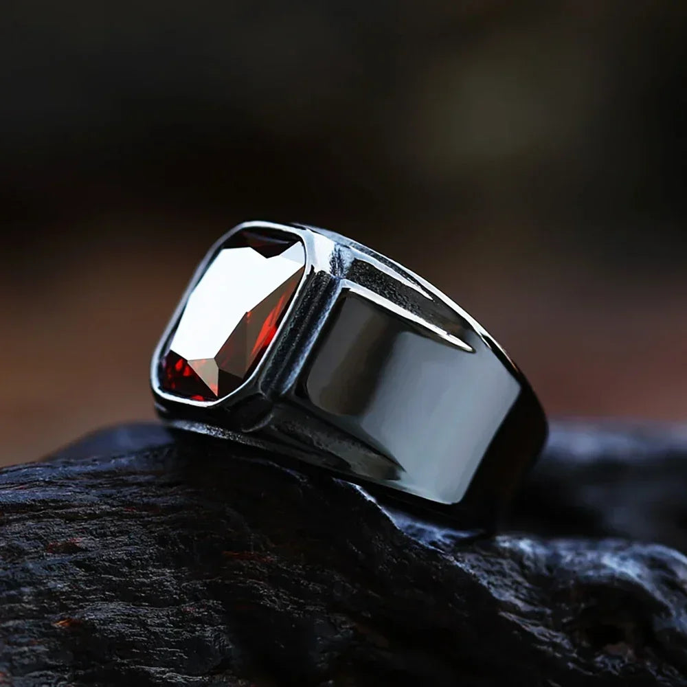 Punk Hip Hop Creative Design Square Black Red Stone Men's Ring Retro Simple 316L Stainless Steel Ring Jewelry Gift Wholesale