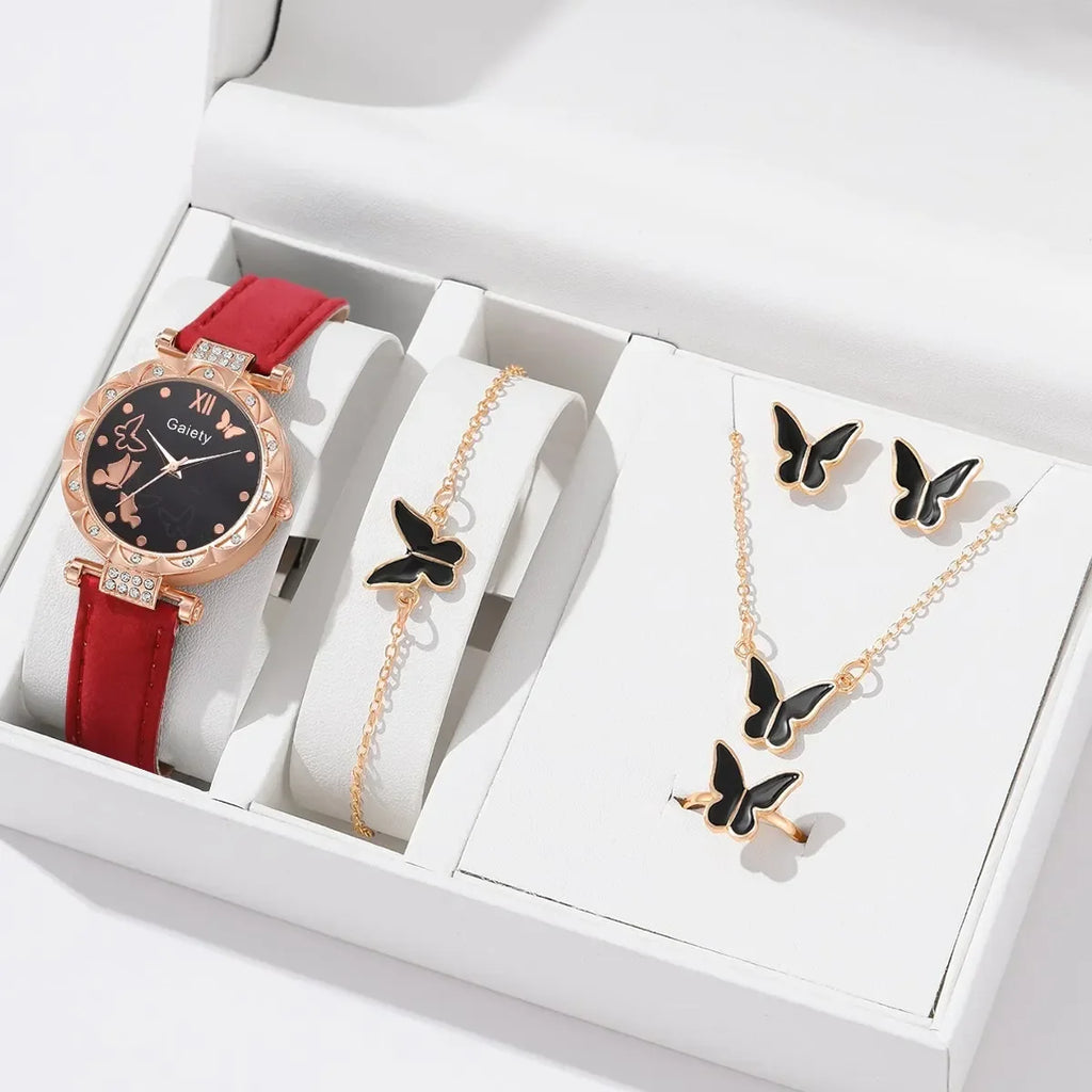1/6PCS Set Luxury Watch Women Ring Necklace Earrings Rhinestone Fashion Wristwatch Ladies Casual Watches Bracelet Set Clock