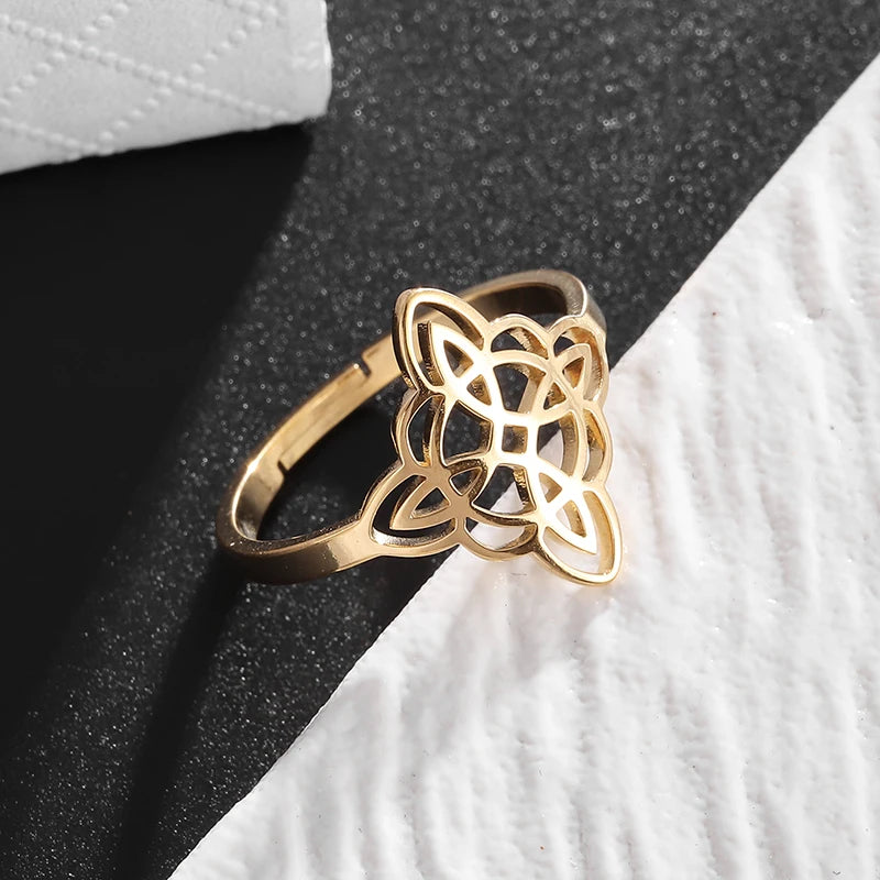 Stainless Steel Witch Knot Adjustable Ring Fashion Women Girls Good Luck Casual Party Jewelry Gift
