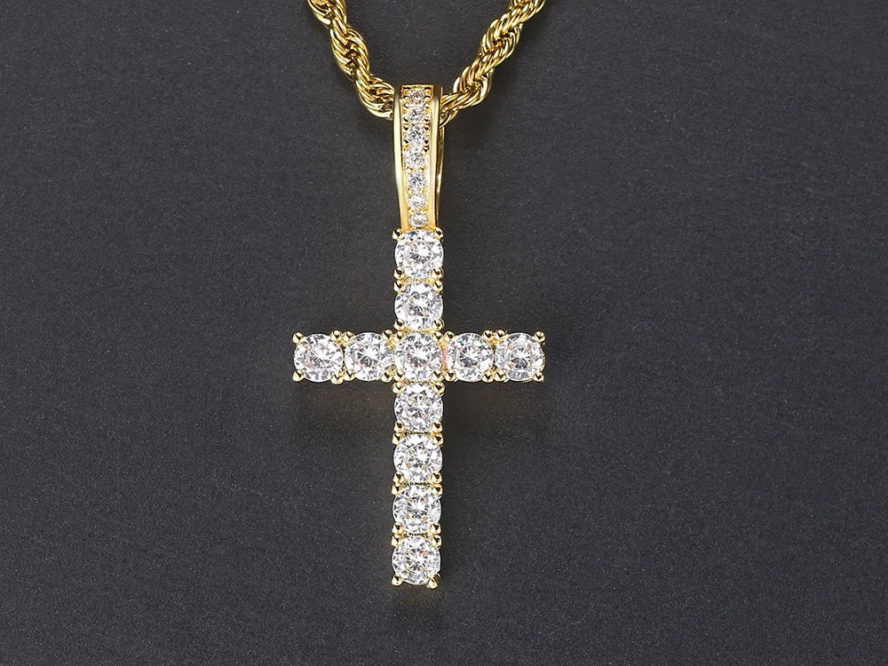 Cross Iced Out Pendant Necklace For Men Hip Hop Delicate Gold Color Cuban Rope Rapper Homme Chain on Neck Accessories OHP145
