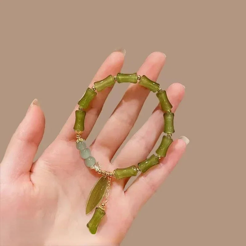Chinese Style Retro Green Bamboo Joint Beaded Bracelet For Women's Fashion Simple Charm Alloy Leaf Bracelet Jewelry Gift