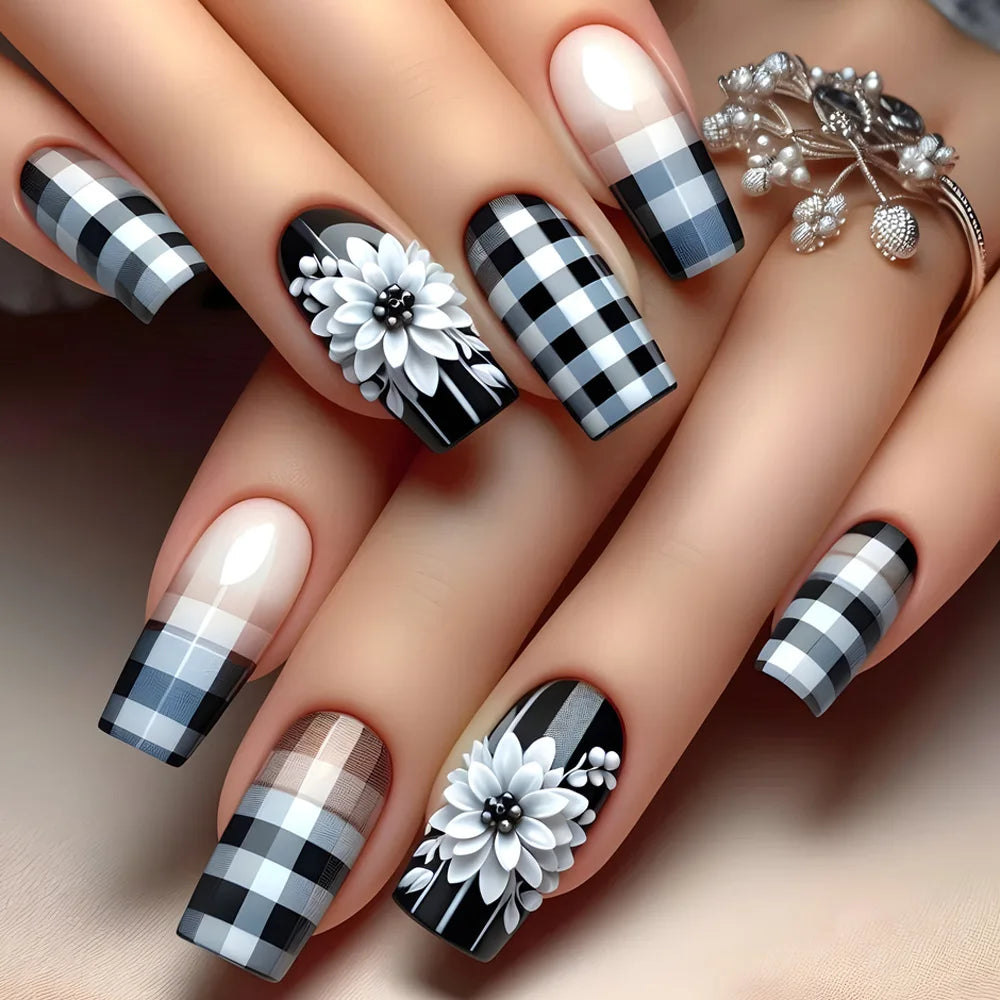 24pcs Mini Flower Press on Nails with Glue Painting Floral Acrylic Fake Nails Spring Design Short Square False Nails for Girls