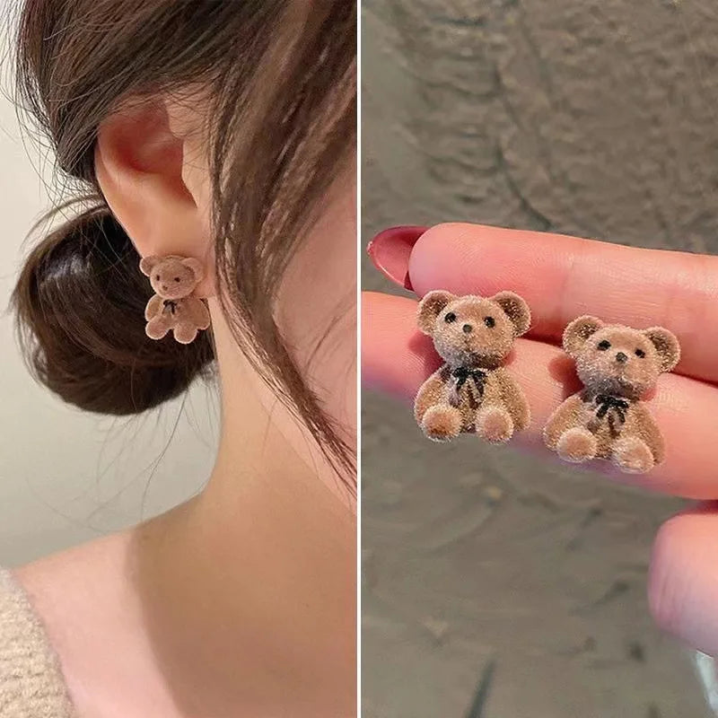 Cute Flocking Plush Bear Stud Earrings Kawaii Brown Khaki Animal Earrings for Women Girls Korean Earring Jewelry