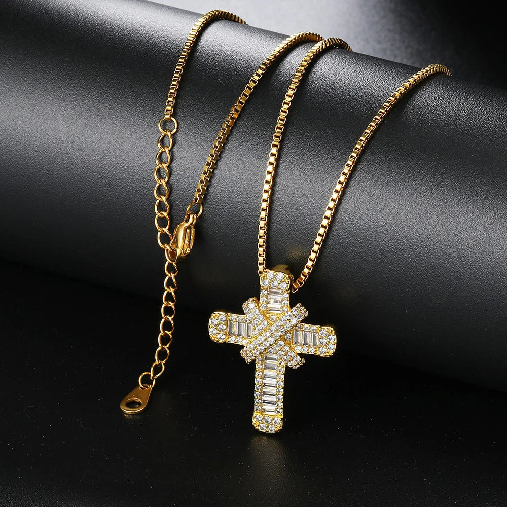 Hip Hop Cross Pendant Rope Box Chain Necklaces for Men Women Luxury Inlaid CZ Punk Personality Rapper Accessory Fashion Jewelry