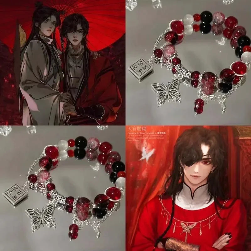Fashion Vintage Red Beaded Chain Bracelet for Women Butterfly Pendant Charm Bracelets Anime Tian Guan Ci Fu Jewelry Accessories
