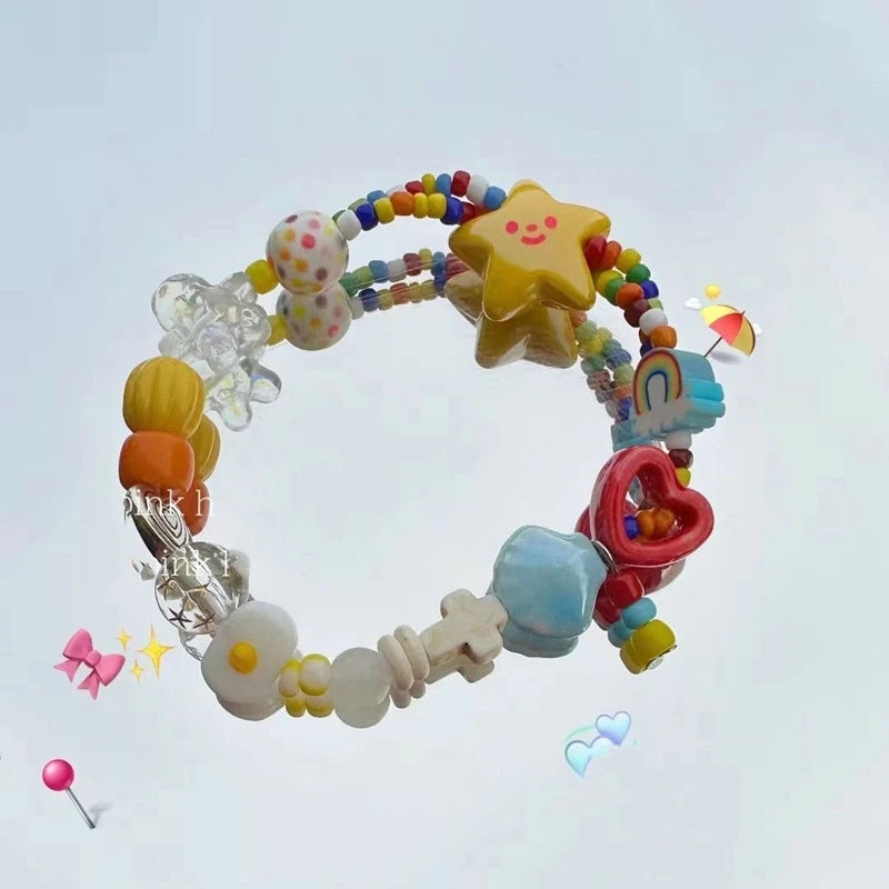 Women Summer Dopamine Sweet Cool Rhinestone Stars Bracelets Cute Cartoon Black Cat Heart Beads Bracelet Fashion Jewelry Gifts