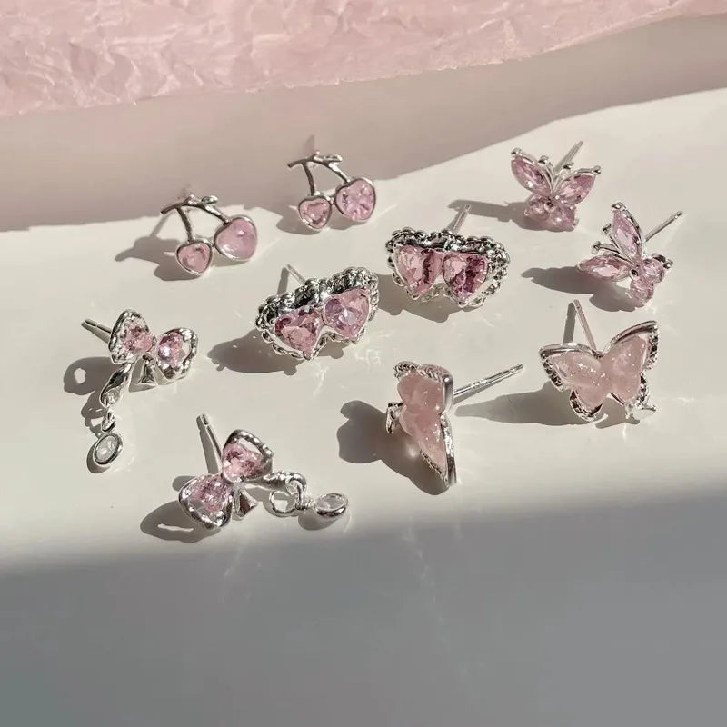 Cute 6/7Pair Set Butterfly Heart Stud Earrings for Women Girl Exquisite Party Dailywear Jewelry Birthday Gift Simple Accessories