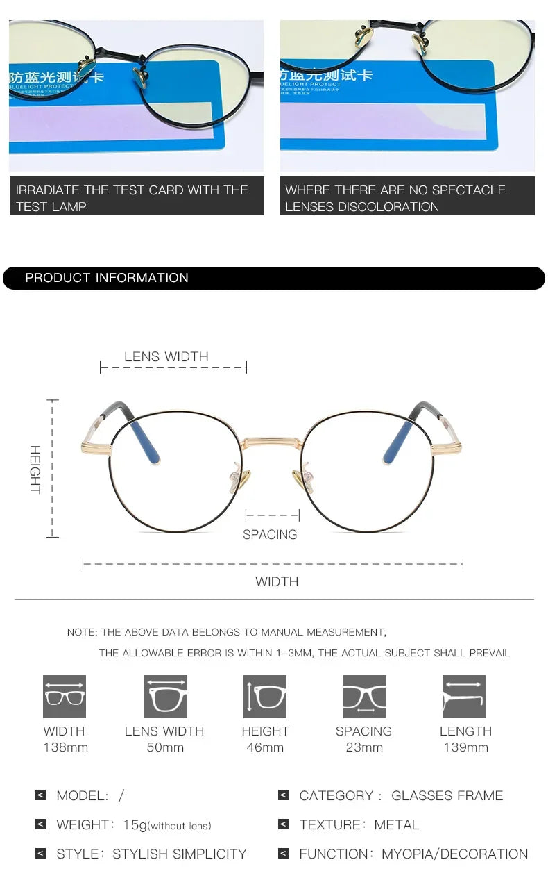 Metal Round Anti Blue Light Glasses Women Men Classic Trend Eyeglasses Frames Transparent Computer Glasses Oculos Feminino