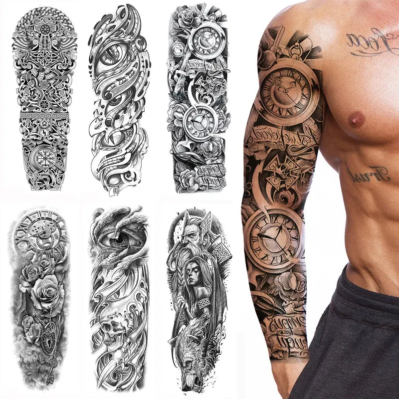 Waterproof Temporary Tattoo Sticker Large Size Tattoo for Men Sleeve Clock Fake Tattoo for Women Girl Full Arm Tattoo Fake