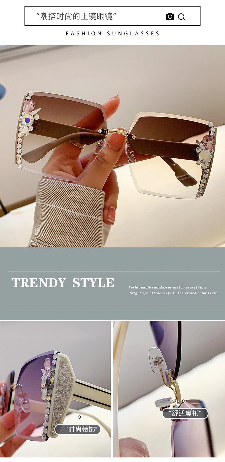 Fashion Oversized Square Sunglasses Women Luxury Brand Vintage Rimless Sun Glasses Diamond Decoration Eyeglasses UV400 Gafas