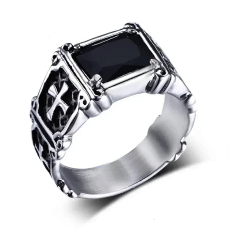 Christian Gothic Red Gemstone Cross Ring Vintage Catholic Prayer Amulet Jewelry for Men