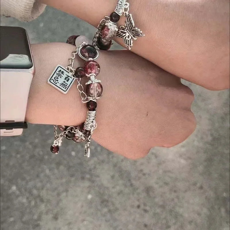 Fashion Vintage Red Beaded Chain Bracelet for Women Butterfly Pendant Charm Bracelets Anime Tian Guan Ci Fu Jewelry Accessories