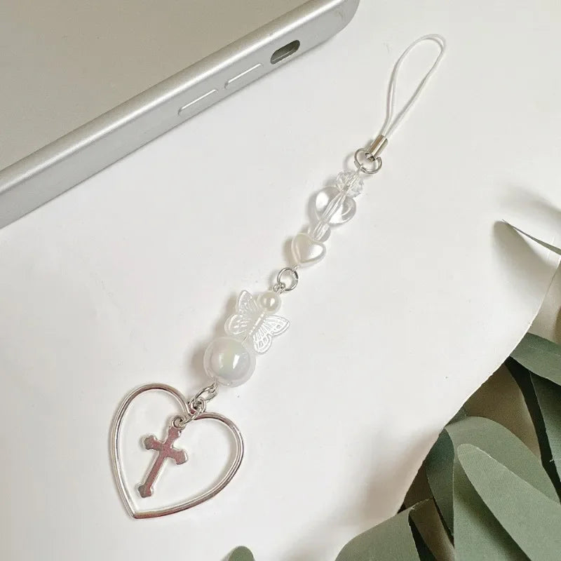 Candy Color Pearl Bowknot Phone Chain Sweet Bear Heart Pendant Earphone Case Anti-Lost Lanyard Bag Decor