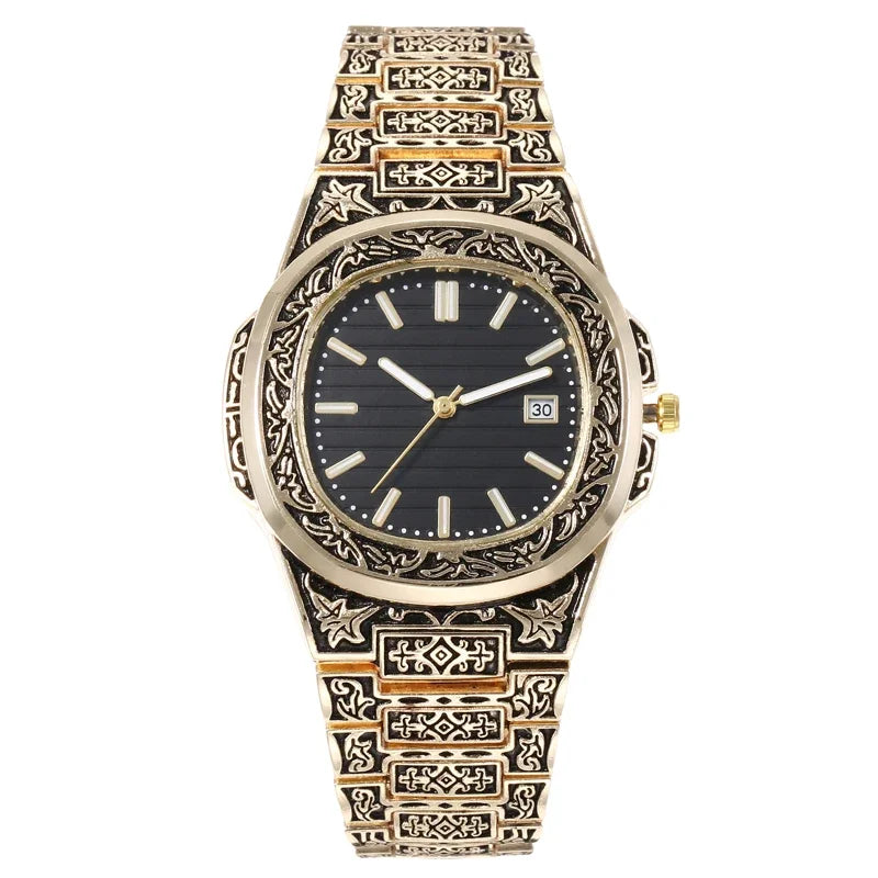 Fashion Luxury Brand High Quality Men Quartz Watches Vintage Flower Pattern Carving Wristwatch Full Stainless Steel Relogio Saat