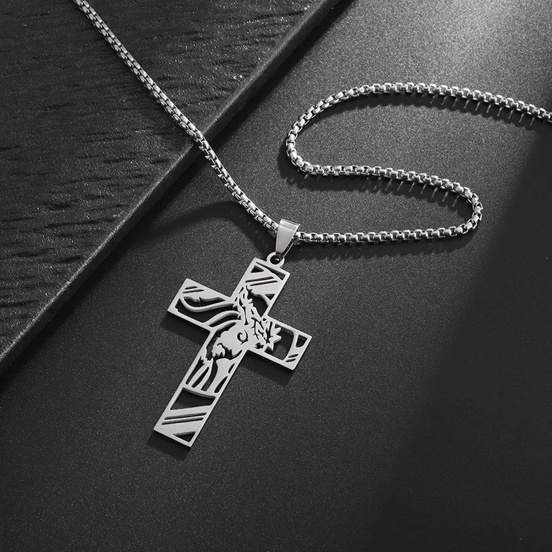 Catholic Jesus Cross Stainless Steel Pendant Necklace for Men Women Vintage Christian Prayer Jewelry