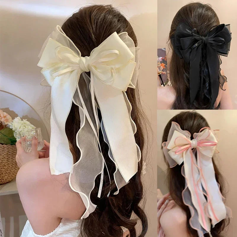 Pink Mesh Big Bow Hair Clip For Women Simple Ribbon Girls Elegant Spring Clip Headwear Korean Style Cute Bowknot Ponytail