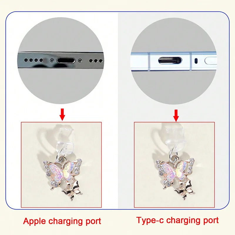 Mobile Phone Dust Plug Pendant New Butterfly With Artificial Pearls And Diamonds Accessory Decoration For iPhone Type-c Port