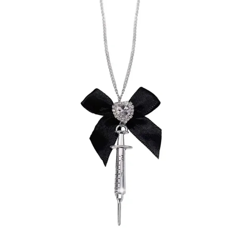 Rhinestone Love Heart Bowknot Metal Syringe Pendant Necklace for Women Dark Lolita Cool Trend Jewelry Gothic Fashion Accessories