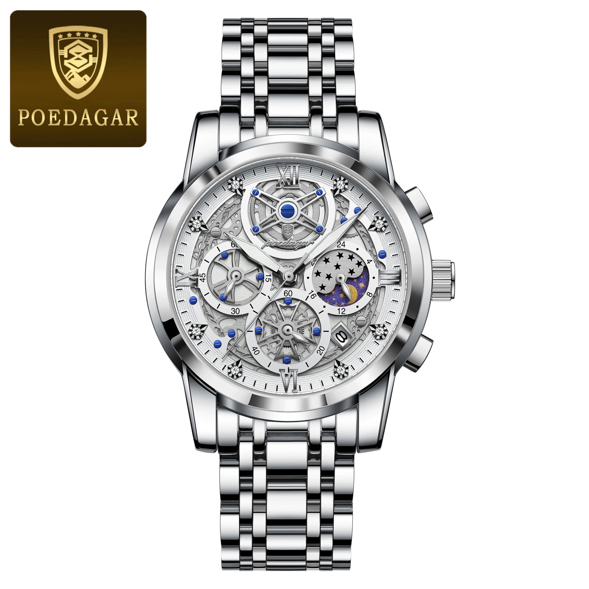 POEDAGAR Luxury Watch For Men Original Waterproof Luminous Date Man Clock Chronograph Stainless Steel Quartz Men's Watches Reloj