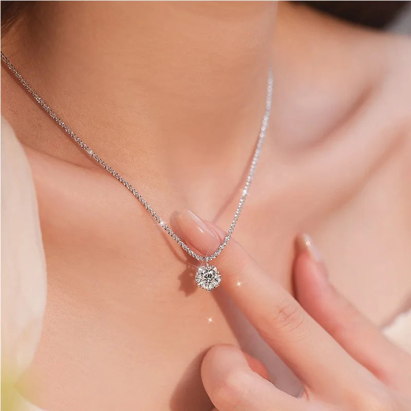 Fashion 925 Sterling Silver Round Zircon Necklace Minimalist Style Charm Choker Pendant Party Gift for Women's Fine Jewelry