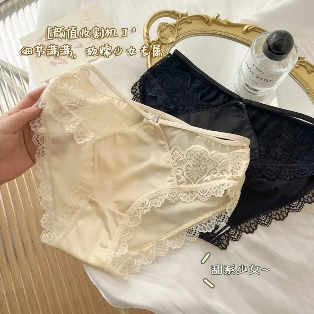 High-quality Satin Panties Soild Color Breathable Underwear Women French Sexy Lace Bow Lingerie Mid-waist Thin Mesh Briefs 도매
