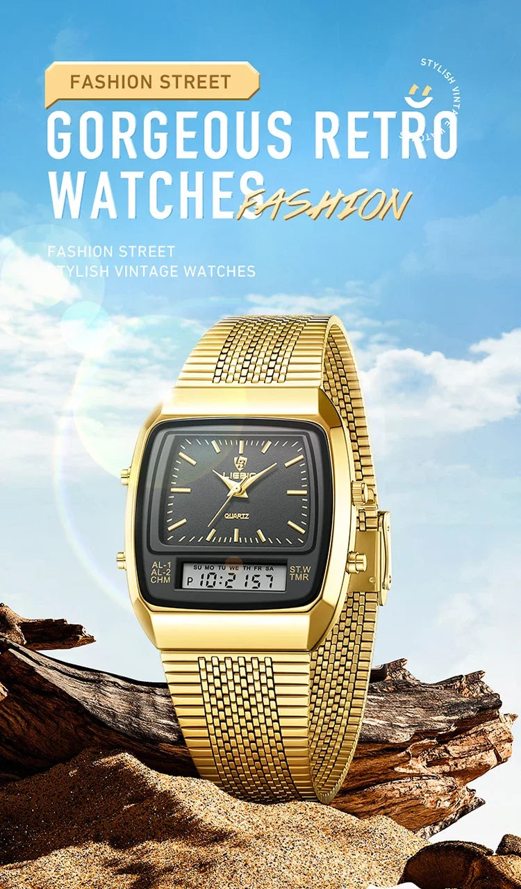 New Golden Steel Strap Quartz Sport Watch Mens Dual Time Week Display Digital Wristwatches Waterproof Clock Reloj Hombre