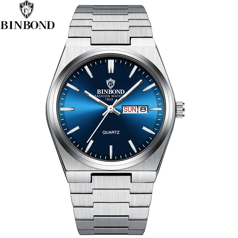 BINBOND Fashion New Men Business Watch Leisure Quartz Stainless Steel Buckle Watches Waterproof Luminous Calendar Men's Watches