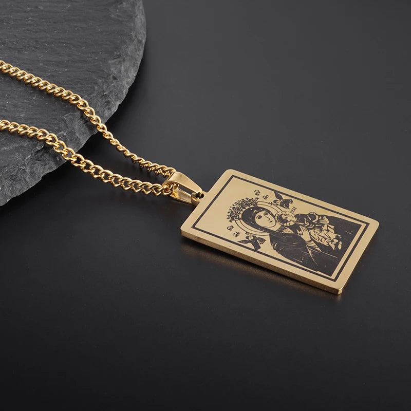 Beautiful Stainless Steel Catholic Virgin Mary Portrait Square Pendant Necklace for Men and Women Religious Catholic Jewelry
