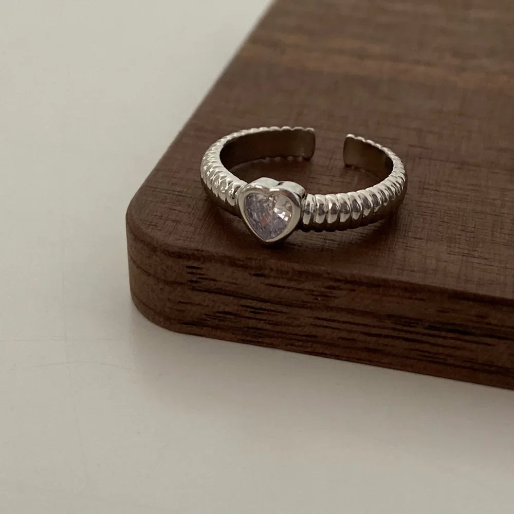 Silver Colorful Zircon Heart Rings for Women Cute Fine Jewelry Minimalist Adjustable Accessories Gift