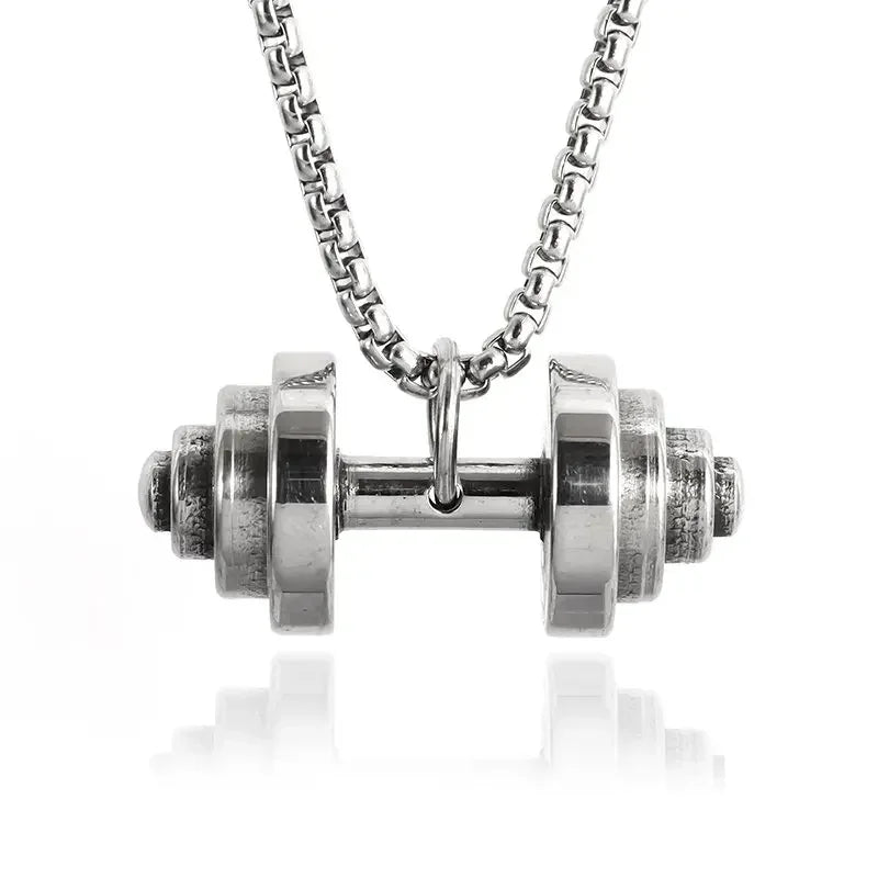 Cool Titanium Steel Dumbbell Pendant Necklace Barbell Fitness Pendant Men and Women Leisure Sports Punk Jewelry